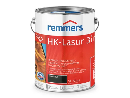 Remmers HK-Lasur 3in1 ebenholz, 5 Liter - Beizen – Exzellenter Holzschutz für Außenbereiche, vereint Imprägnierung, Grundierung & Lasur in einem Produkt für optimale Feuchtigkeits- und UV-Abwehr.