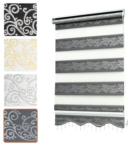 Bailena® Doppelrollo Klemmfix 4in1 - Grau Silber Glitzernd 100x200cm - Praktisches Doppelrollo ohne Bohren, ideal für Fenster und Türen. Sofort einsatzbereit mit abnehmbarem Volant und stabiler Alu-Beschwerung. Pflegeleicht und vielseitig einsetzbar in jedem Raum.