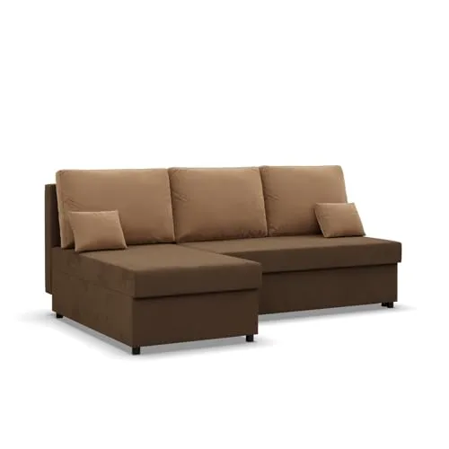 Mebligo Kemi Ecksofa mit Schlaffunktion - Sofas & Couches – Komfortables Schlafsofa mit geräumigem Bettkasten für praktischen Stauraum und zeitlosem Design in elegantem Braun.