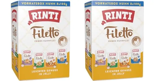 Rinti Filetto Multibox | im Doppelpack, insgesamt 16 x 100g | fettarmes Ergänzungsfutter für Hunde mit Huhn, Schinken, Herz, Gemüse & Ente, reich an Filetstücken, leicht verdaulich
