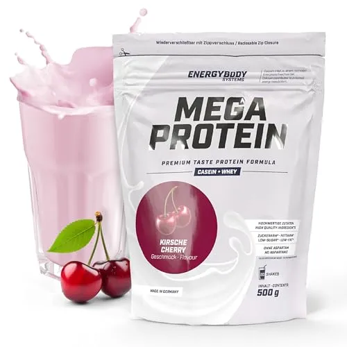 Energybody Mega Protein "Kirsch" 500 g – Mehrkomponenten Eiweißpulver - Leckeres Eiweißpulver mit Casein & Whey für eine proteinreiche Zwischenmahlzeit. Vielseitig einsetzbar für Shakes, Porridge oder Pancakes. Premiumqualität aus Deutschland – ideal für Fitness-Enthusiasten!