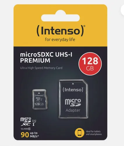 Intenso microSDXC-Card PREMIUM 128 GB - Höchstgeschwindigkeit bis zu 90 MB/s, ideal für Fotos und Videos auf Tablets und Smartphones, inkl. SD-Adapter