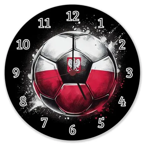 speecheese Fußball Polen Flagge Wanduhr aus Alu Perfekte Dekoration für EM 2024 Ball und Länderfarben in Rot-Weiß
