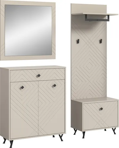Garderoben-Set INOSIGN "Mento" 4-teilig, beige - Drohnen: Stilvolles Garderoben-Set mit Ornamentfräsung, bestehend aus Paneel, Sitzbank, Kommode und Spiegel, ideal für eine moderne Einrichtung.