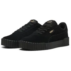 PUMA Carina 3.0 SD Damen-Sneaker in Schwarz/Gold - Stylische Damen-Sneaker mit Obermaterial aus Wildleder und praktischem Schnürverschluss. Ideal für den Alltag, bieten sie Komfort und ein trendiges Design.