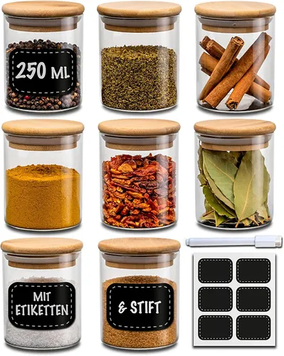 Gewürzgläser Set 250ml – Luftdicht und Modern - Vorratsgefäße & -gläser, 8-teiliges Set aus bruchfestem Borosilikatglas mit Bambusdeckel für eine stilvolle und hygienische Aufbewahrung von Gewürzen, Tee und mehr.
