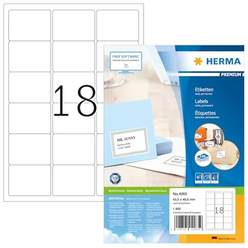 HERMA 4265 Adressetiketten, 1400 Blatt, selbstklebend - Selbstklebende Adressetiketten im DIN A4 Format, ideal für alle Druckertypen. Dank hoher Weißegrad und optimaler Planlage gelingt der Druck in bester Qualität. 25200 Etiketten für vielfältige Anwendungen.