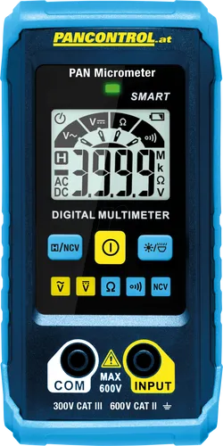 PANCONTROL Multimeter PAN Micrometer - Digital-Multimeter mit 18 mm Anzeige, misst AC/DC bis 600 V, inkl. kontaktlosem Spannungsprüfer und integrierter LED-Taschenlampe – ideal für präzise Messungen.