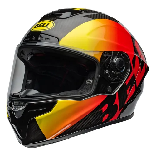 Bell Race Star DLX Flex Offset Integralhelm - Schwarz/Gelb/Rot - S - Motorradhelm mit 3K Carbon-Schale, 10% leichter, ausgestattet mit ProTint-Schutzschild für optimale Sicht bei wechselnden Lichtverhältnissen und Velocity Flow Ventilation für maximale Kühlung.