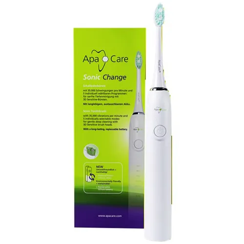 ApaCare Sonic Change - Elektrische Schallzahnbürste mit Wechsel-Akku & 5 Modi - Weiß - Die ApaCare Sonic Change Schallzahnbürste bietet 35.000 Schwingungen/Minute und 5 Reinigungsprogramme für individuelle Zahnpflege. Mit austauschbarem Akku und ergonomischem Design ist sie ideal für nachhaltige, tägliche Mundhygiene.