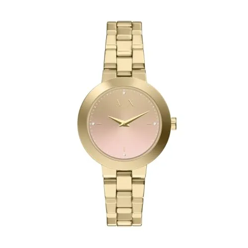 Damenuhr ARMANI EXCHANGE AX5182 - Elegante Armbanduhr in Rosa - Die ARMANI EXCHANGE AX5182 ist eine stilvolle Damenuhr mit goldener Edelstahl-Oberfläche und zartem rosafarbenem Zifferblatt. Ideal für modebewusste Frauen, die Eleganz und Alltagstauglichkeit suchen.