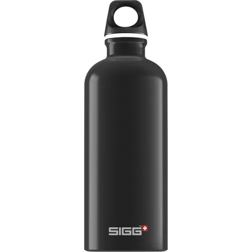 SIGG Alu Trinkflasche Traveller Schwarz - 0,6L, klimaneutral und auslaufsicher - Trinkflasche aus 100% recyceltem Aluminium, ideal für kohlensäurehaltige Getränke. Leicht, BPA-frei und perfekt für Outdoor-Abenteuer.
