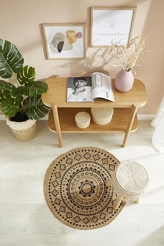 Runder Jute-Teppich Ø 120 cm - Teppich aus 100% Jute mit Ornament-Muster, nachhaltig und schalldämmend. Ideal für umweltbewusste Wohnräume und Fußbodenheizung geeignet.