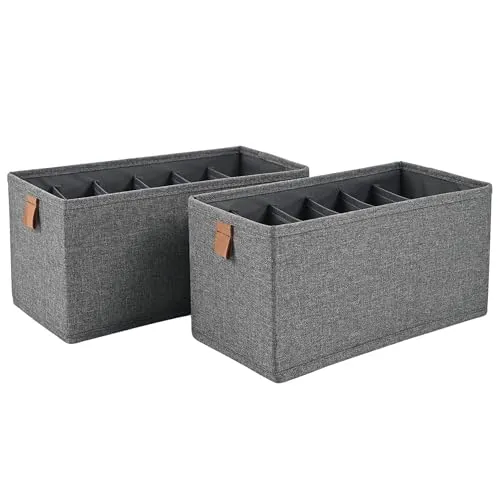 hausleben® 2er Set Aufbewahrungsbox mit 6 Fächern – Faltbare Stoffbox 30x15x15cm – Organizer für Unterwäsche, Socken, Gürtel – Leinenoptik Grau – Schubladenbox stabil