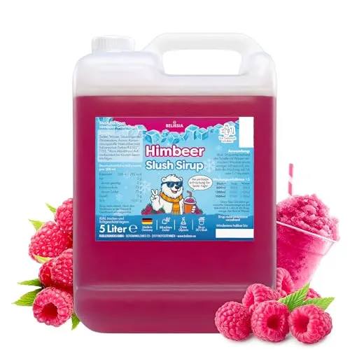 Belissia Slush Eis Sirup 5 Liter Konzentrat | Himbeer Geschmack | sehr ergiebig in knalligen Farben (1:5) für bis zu 30 Liter | Glycerin frei – für Slush-Eis - Maschinen & Wassereis