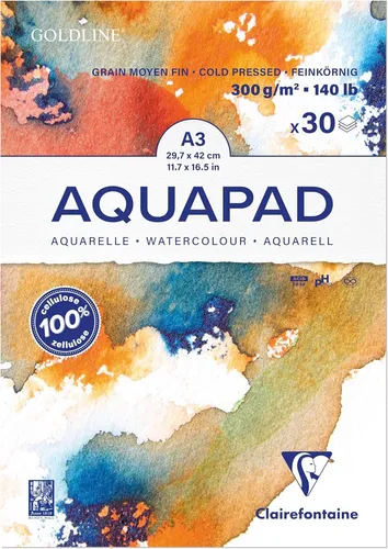 Clairefontaine 975722C - Malblock Aquarell Papier Goldline Aqua, 30 Blatt 29,7x42 cm, 300g, ideal für Nasstechniken und Studienqualität