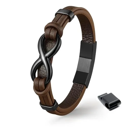 UNIQAL Herren Lederarmband mit Edelstahl-Infinity Symbol – Stilvolles Unisex-Geschenk in Braun - Elegantes Lederarmband mit schwarzem Edelstahl-Infinity Symbol. Handgefertigt aus hochwertigem Rindsleder, angenehm zu tragen und langlebig. Inklusive Geschenkbox – ideal für besondere Anlässe!