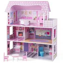 Puppenhaus aus Holz mit Möbeln & Zubehör - 3 Etagen Puppenvilla - Puppenhäuser & -stuben: 4 Zimmer, aus rohem Holz, möbliert und ideal für kreative Rollenspiele, geeignet für Kinder ab 3 Jahren.