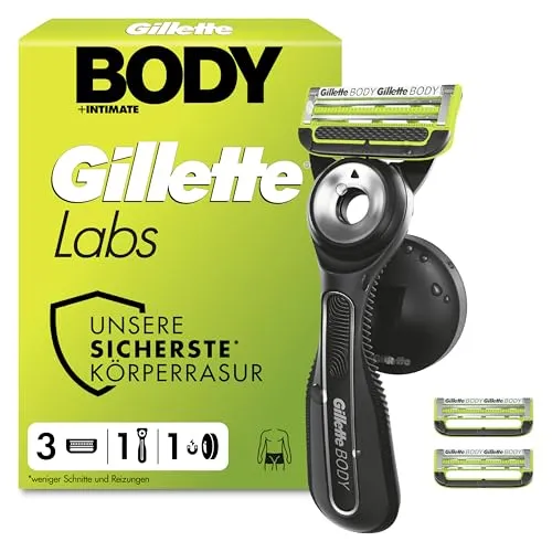 Gillette Labs Body + Intimate Rasierapparat mit 3 Klingen - Ergonomischer Rasierer für die Körperpflege, ausgestattet mit einem 3-Fach Schutzsystem und einem praktischen Duschhalter. Für eine gründliche und komfortable Rasur in sensiblen Bereichen.