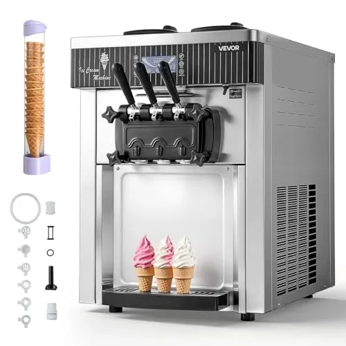 VEVOR Gewerbliche Eismaschine 2200 W mit 2 x 6 L Behältern - Leistungsstarke Softeismaschine für bis zu 28 L/h, mit Vorkühlfunktion und abnehmbarer Tropfschale für einfache Reinigung. Ideal für wechselnde Eissorten und vielseitige Anwendungen.