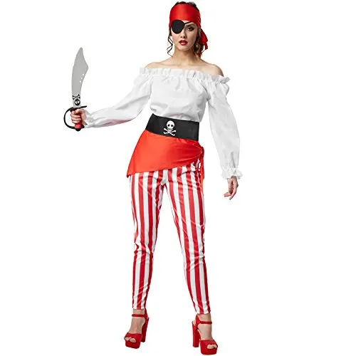 dressforfun Frauenkostüm Freibeuterin der Meere | Langärmelige, schulterfreie Bluse | Gestreifte, knöchellange Hose | Inkl. Kopfband, Augenklappe, Hüfttuch und Gürtel (S | Nr. 301764)