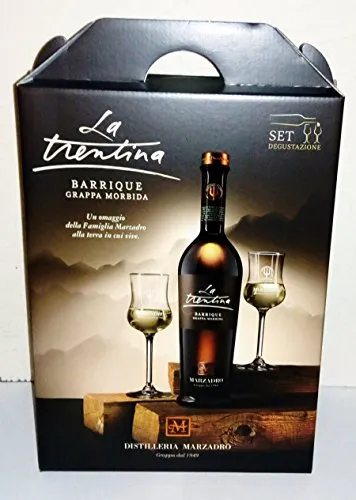 Marzadro Geschenkset Insieme Morbida - Grappa Geschenkset mit La Trentina Morbida & zwei eleganten Kelchen, perfekt verpackt in einer stilvollen Geschenkschachtel für besondere Anlässe.