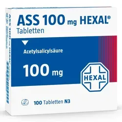 ASS 100mg HEXAL - Acetylsalicylsäure - Arzneimittel zur Behandlung und Vorbeugung von Herzinfarkten und Schlaganfällen, hemmt Thrombozytenaggregation und verbessert die Blutfließeigenschaften.