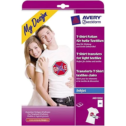 AVERY Zweckform MD1006 24 Textilfolien, T-Shirt selbst gestalten, T-Shirt bedrucken (Bügelfolie, helle Textilien, DIN A4, bedruckbare T-Shirt Folie zum Aufbügeln, Transferfolie für Inkjet-Drucker)