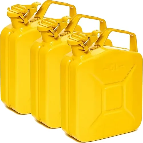 BW® Benzinkanister Metall 3x 5 Liter - Gelber Kraftstoffkanister mit TÜV-Zulassung - Robuster 5L Metallkanister aus 0,9mm Stahl, perfekt für die sichere Lagerung von Kraftstoffen. Mit großem Ausgießer für schnelles Betanken – ideal für Reisen oder den Einsatz in Werkstätten.