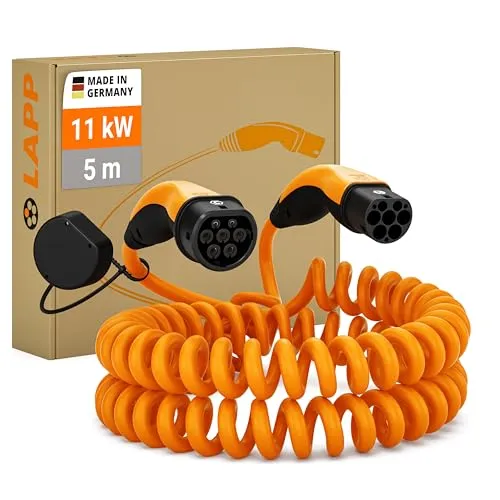 Lapp Elektroauto-Ladekabel Spiral, 5 m, Typ 2 zu Typ 2 - Wallboxen, 11 kW Ladeleistung mit spritzwassergeschützten Steckern für optimale Sicherheit und Zuverlässigkeit beim Laden von Elektroautos.