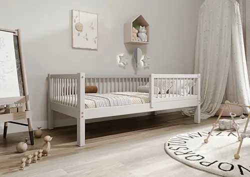 TIMBEE - Alfi - Kinderbett 90x180 cm - Bett Grau - Einzelbett für Kinder mit Lattenrost und Rausfallschutz Abnehmbar - Hohe Beine - Belastbar bis 100 kg - aus Kiefernholz Klasse 1