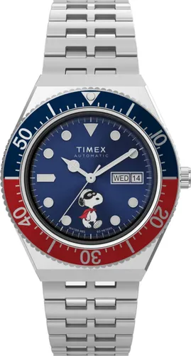 Timex Peanuts Automatic Herren-Armbanduhr 40 mm - Elegante Armbanduhr für Herren mit 40 mm Edelstahlgehäuse und blauem Zifferblatt. Automatik-Uhrwerk und wasserdicht bis 50 m - ideal für Freizeitaktivitäten.