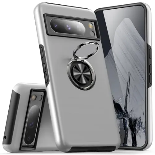 KRAFTCARE Hülle für Google Pixel 8 Pro, Handyhülle mit Eingebetteter 360° Grad Ring, Magnetische Schutzhülle TPU Stoßfest Cover Case für Google Pixel 8 Pro, Silber