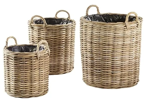 Kobolo Übertopf Rattan Kubu Grey mit Folie, 3er Set, Pflanzkorb mit Henkel, geflochtener Blumentopf, Naturkorb zum Bepflanzen für Balkon, Terasse, Innen- und geschützten Außenbereich