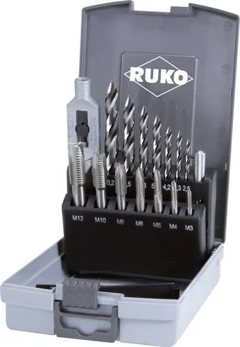 RUKO Maschinengewindebohrer-Satz HSS - 14 tlg. in Kunststoffkassette - Zubehör für Elektrowerkzeug, ideal für präzise Durchgangs- und Sacklochgewinde in unlegierten Stählen bis 800 N/mm² Festigkeit, aus hochwertigem Hochleistungs-Schnellarbeitsstahl.