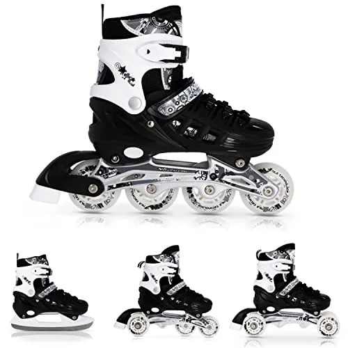 Nils Extreme Inline Skates 4in1 - Verstellbare Schlittschuhe und Inliner für Kinder und Erwachsene - Inliner, Rollschuhe und Schlittschuhe in einem! Dank der kinderleichten Größenverstellung über 4 Größen sind die Nils Extreme Skates ideal für wachsende Füße.
