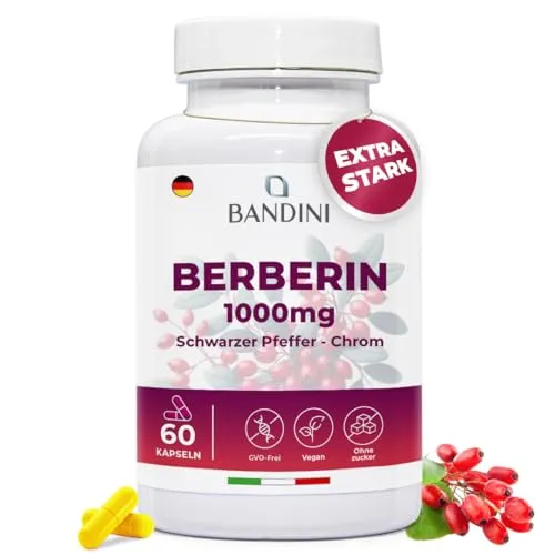 Bandini® Berberin 1000mg hochdosiert | Maximale Aufnahme mit Chrom und schwarzem Pfeffer - Pflanzliche Ergänzungsmittel mit 1000mg hochdosiertem Berberin, unterstützt den Stoffwechsel und die Verdauung, angereichert mit Chrom und schwarzem Pfeffer für optimale Absorption.