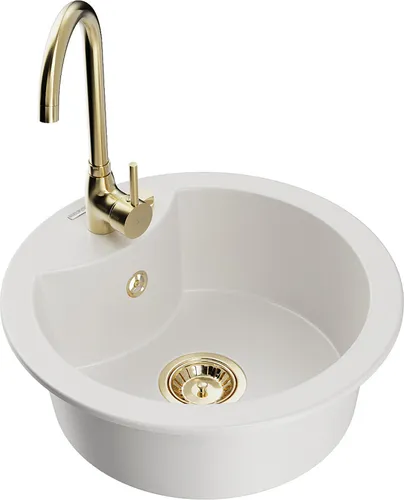 Mexen Diego Granit-Spüle mit Gold Mischbatterie Weiß - Elegante Granit-Spüle mit einer stilvollen Gold Mischbatterie, hitzeresistent und ideal für moderne Küchen. Inklusive Wasserhahn, perfekt für eine praktische und ansprechende Küchengestaltung.