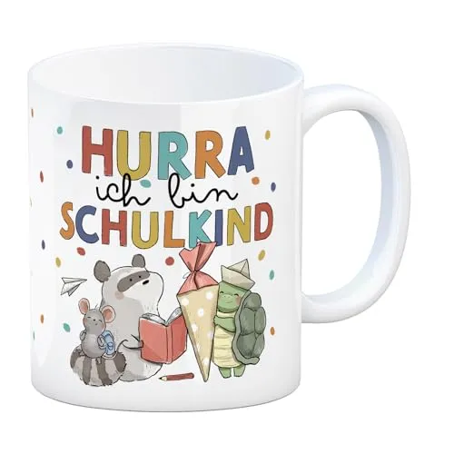Tiere zur Einschulung Kaffeebecher mit Spruch Hurra ich bin Schulkind Hurra Schulanfang Kawaii Waschbär Motiv fröhliche Erste Klasse Schule Tasse