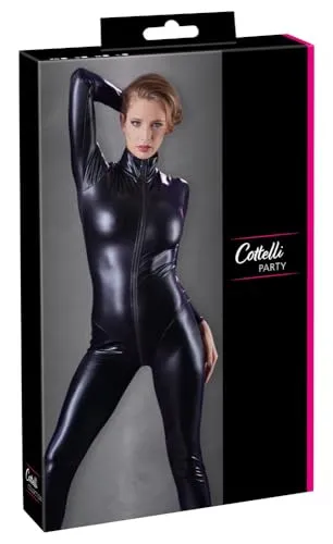 Cottelli PARTY Langarm-Overall - Verführerischer Einteiler mit Stehkragen - Bodys & Catsuits, glänzender und sexy Overall für Damen in Schwarz, perfekt für erotische Anlässe und unvergessliche Partys.