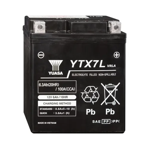 Yuasa YTX7L-BS 12V AGM Motorradbatterie - Wartungsfreie Bleisäure-Batterie für Motorräder, gefüllt und geladen, bietet zuverlässige Leistung und Sicherheit.