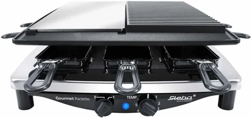 Premium Raclette RC 8 Steel Deluxe - Edelstahl/Schwarz - Raclette-Grill mit 1.450 Watt Leistung, 8 Pfännchen und einfacher Reinigung dank Antihaftbeschichtung und spülmaschinenfesten Teilen.
