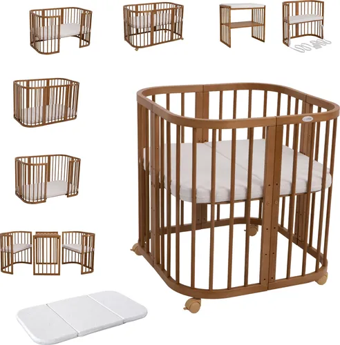 Waldin Babybett 7in1 aus Holz mit Matratze - Mitwachsend und vielseitig - Vielseitiges Babybett aus Buchenholz, 7 Kombinationsmöglichkeiten! Mit 5-fach höhenverstellbarem Boden und 3-teiligem Schaumstoffkern. Ideal für die ersten Lebensjahre und als Spiel- oder Lernmöbel.