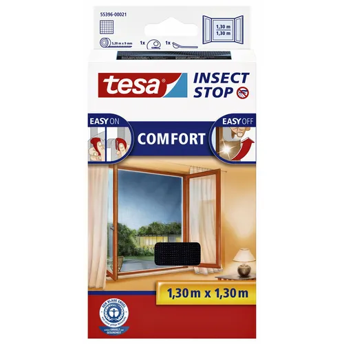 tesa Insect Stop Comfort Fliegengitter für Fenster - Effektiver Insektenschutz ohne Bohren - Fliegengitter für Fenster, 130 cm x 130 cm, mit selbstklebendem Klettband für einfache Montage und rückstandslose Entfernung. Transparentes, UV-beständiges Fiberglasgewebe, hygienisch und waschbar bis 30°C.