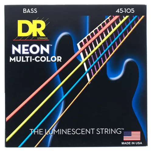 DR Neon Multi Color Bass Saiten Strings 4-Saiter, 045 - 105 - Gitarren- & Bass-Zubehör mit hochauflösenden Neon-Basssaiten, die unter UV-Schwarzlicht leuchten und für verbesserte Klarheit und Langlebigkeit sorgen.
