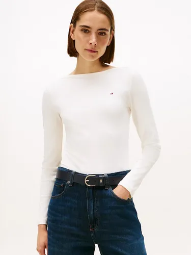 Langarmshirt TOMMY HILFIGER "SLIM 5X2 RIB BOAT-NK LS" - Damen Langarmshirt in Ivory Silk, figurbetont mit U-Boot-Ausschnitt. Aus elastischem Viskosemix für hohen Tragekomfort und vielseitige Looks. Ideal für den casual Style!