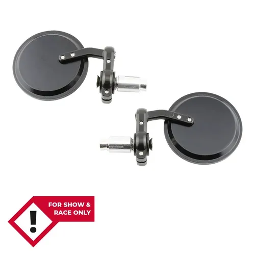 HIGHSIDER smart Bar End Spiegel Schwarz Rund (Paar) - Motorradzubehör mit rundem Spiegelkopf und verstellbarem Kugelgelenk, ideal für Show und Rennen. Passend für Lenker mit 13-18 mm Innendurchmesser oder 22 mm Außendurchmesser.