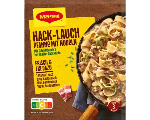 Maggi Fix für Hack Lauch Pfanne mit Nudeln - Fertigsauce mit herzhaftem Speckgeschmack, ideal für eine schnelle und schmackhafte Mahlzeit. Perfekt für Familienessen oder unkomplizierte Gerichte.