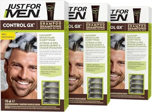 Just For Men Control GX Shampoo, Haarfarbe für Männer, Reduziert Nach Und Nach Graue Haare, Natürliches Ergebnis, Ohne Färbelinien, Mit Kokosöl Und Aloe Vera, 118 ml, 3er Pack (3 x 118 ml)
