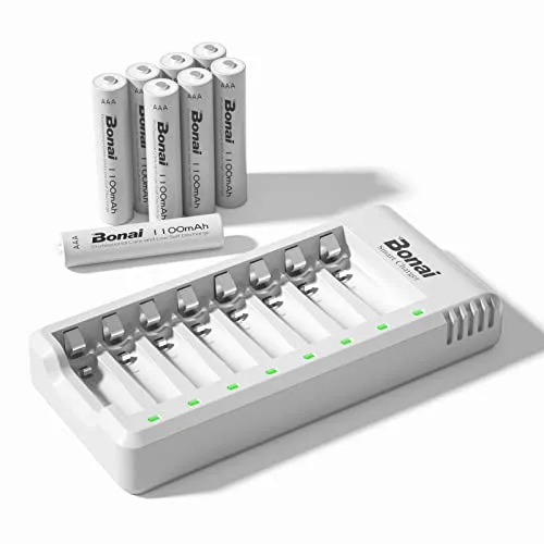 BONAI Akku Ladegerät AA AAA NI-MH NI-Cd Akkuladegerät Battery Charger LED Anzeige UAB Schnell Ladung Batterieladegerät mit AAA Akku 1100mah 8 Stück